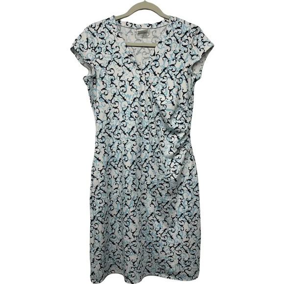 Athleta Faux Wrap Vine Scroll Nectar Dress Blue White size Small style 903732 - Picture 1 of 12